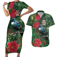 Tui Meri Kirihimete Personalised Couples Matching Short Sleeve Bodycon Dress and Hawaiian Shirt Pohutukawa Flowers Green Motif - Polynesian Pride
