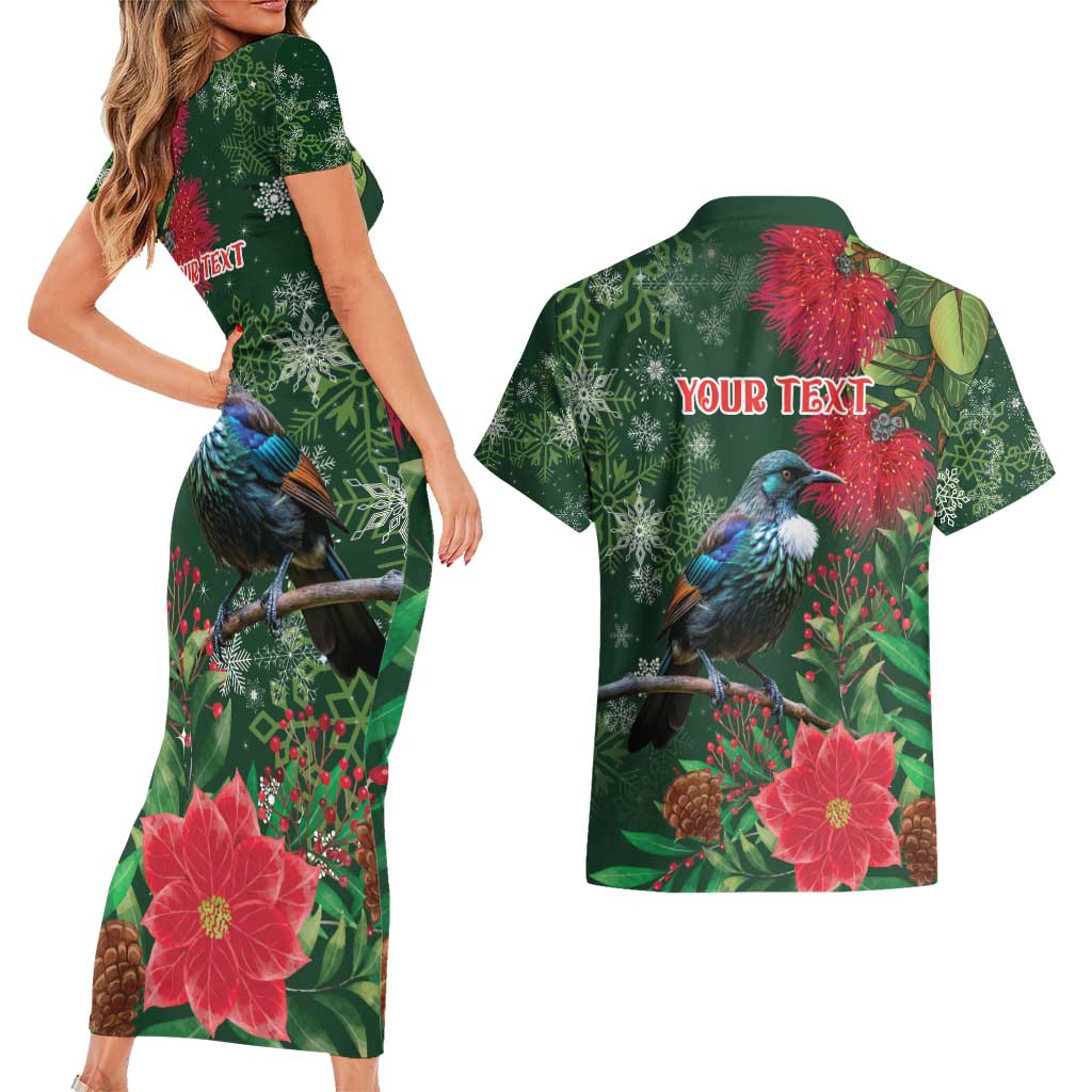 Tui Meri Kirihimete Personalised Couples Matching Short Sleeve Bodycon Dress and Hawaiian Shirt Pohutukawa Flowers Green Motif - Polynesian Pride