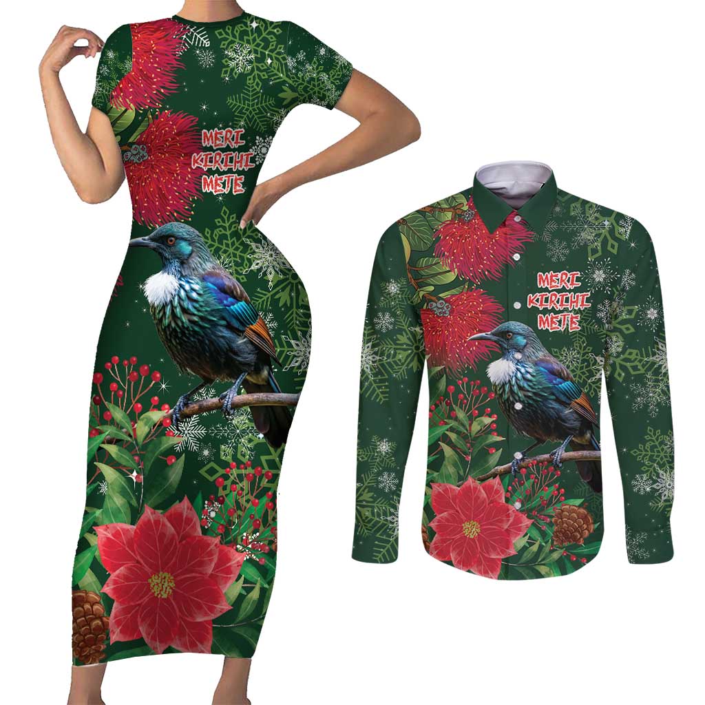 Tui Meri Kirihimete Personalised Couples Matching Short Sleeve Bodycon Dress and Long Sleeve Button Shirt Pohutukawa Flowers Green Motif - Polynesian Pride