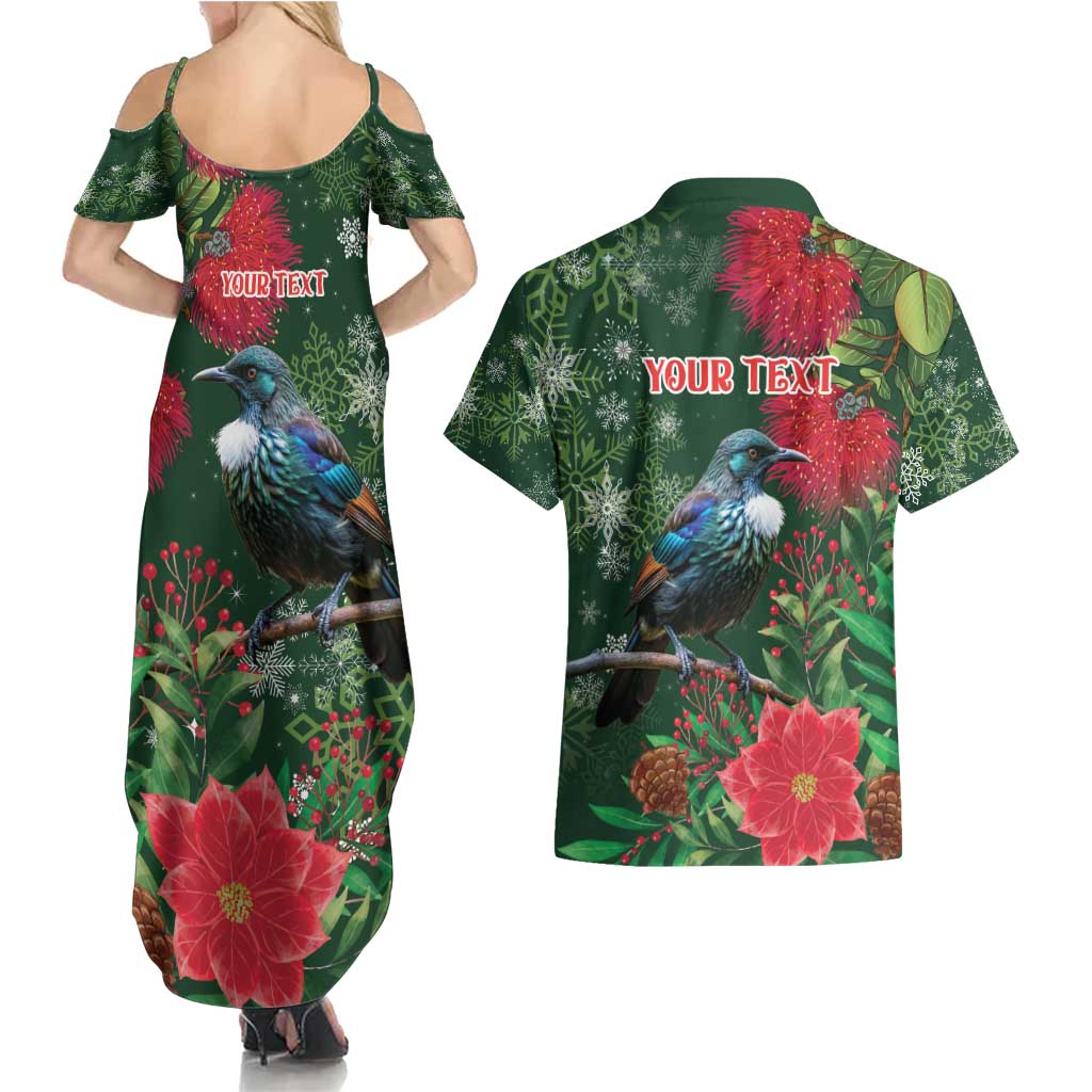 Tui Meri Kirihimete Personalised Couples Matching Summer Maxi Dress and Hawaiian Shirt Pohutukawa Flowers Green Motif - Polynesian Pride
