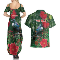 Tui Meri Kirihimete Personalised Couples Matching Summer Maxi Dress and Hawaiian Shirt Pohutukawa Flowers Green Motif - Polynesian Pride