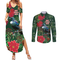 Tui Meri Kirihimete Personalised Couples Matching Summer Maxi Dress and Long Sleeve Button Shirt Pohutukawa Flowers Green Motif - Polynesian Pride