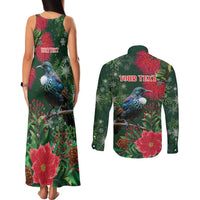Tui Meri Kirihimete Personalised Couples Matching Tank Maxi Dress and Long Sleeve Button Shirt Pohutukawa Flowers Green Motif - Polynesian Pride