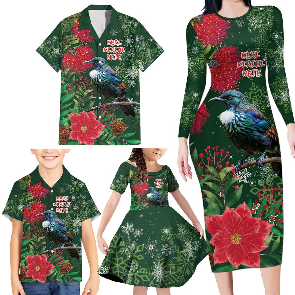 Tui Meri Kirihimete Personalised Family Matching Long Sleeve Bodycon Dress and Hawaiian Shirt Pohutukawa Flowers Green Motif - Polynesian Pride