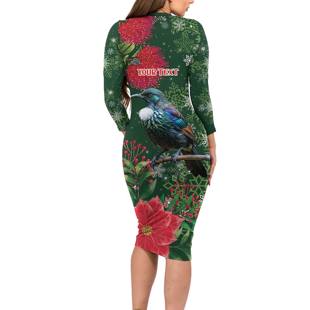 Tui Meri Kirihimete Personalised Family Matching Long Sleeve Bodycon Dress and Hawaiian Shirt Pohutukawa Flowers Green Motif - Polynesian Pride