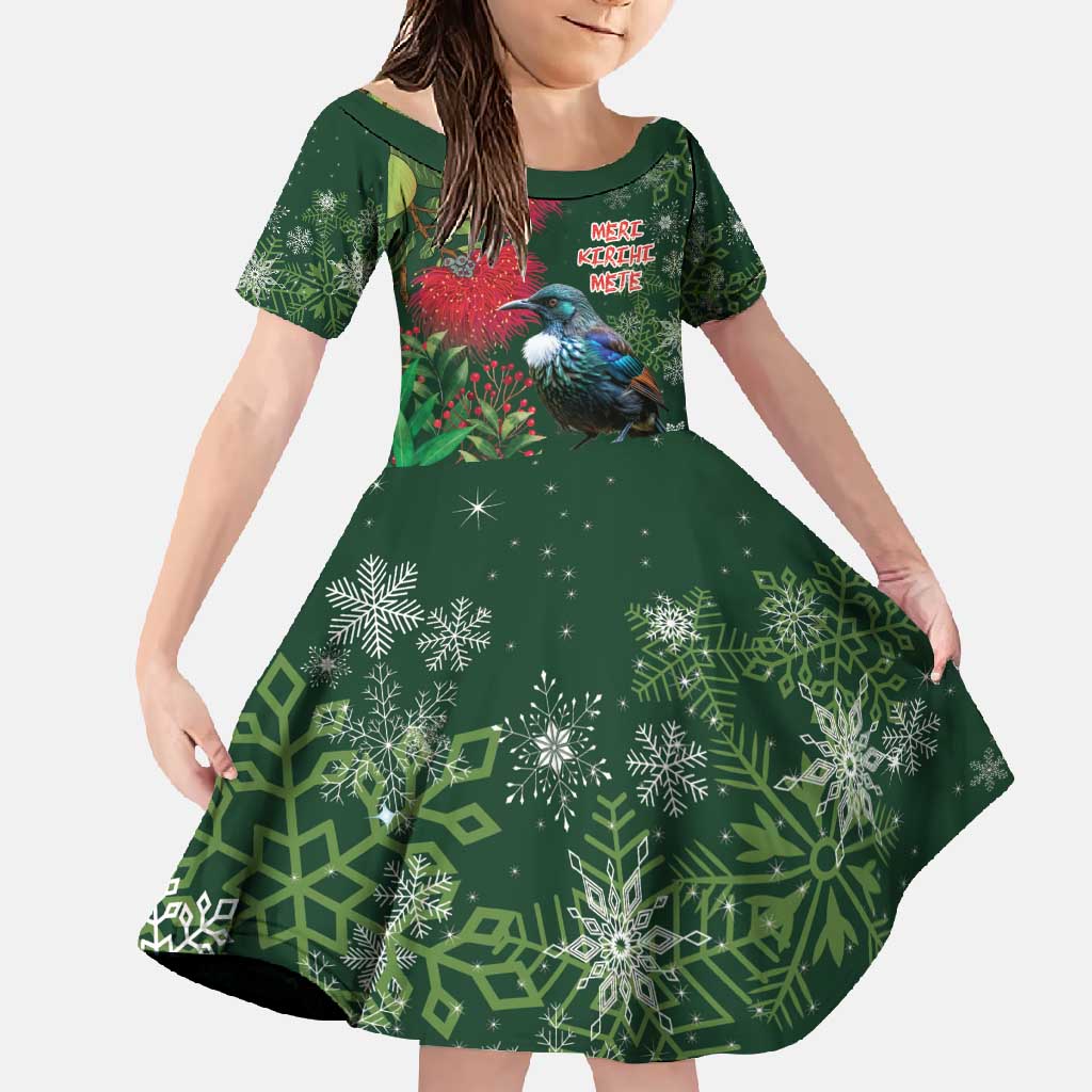 Tui Meri Kirihimete Personalised Family Matching Mermaid Dress and Hawaiian Shirt Pohutukawa Flowers Green Motif LT9 Daughter's Dress Green - Polynesian Pride