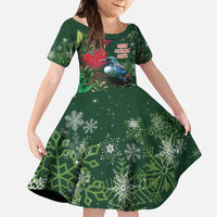Tui Meri Kirihimete Personalised Family Matching Mermaid Dress and Hawaiian Shirt Pohutukawa Flowers Green Motif LT9 Daughter's Dress Green - Polynesian Pride