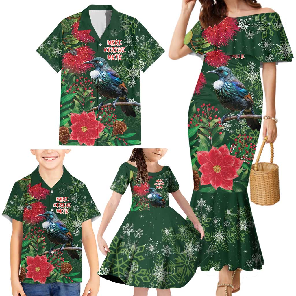 Tui Meri Kirihimete Personalised Family Matching Mermaid Dress and Hawaiian Shirt Pohutukawa Flowers Green Motif LT9 - Polynesian Pride