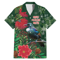 Tui Meri Kirihimete Personalised Family Matching Mermaid Dress and Hawaiian Shirt Pohutukawa Flowers Green Motif LT9 Dad's Shirt - Short Sleeve Green - Polynesian Pride