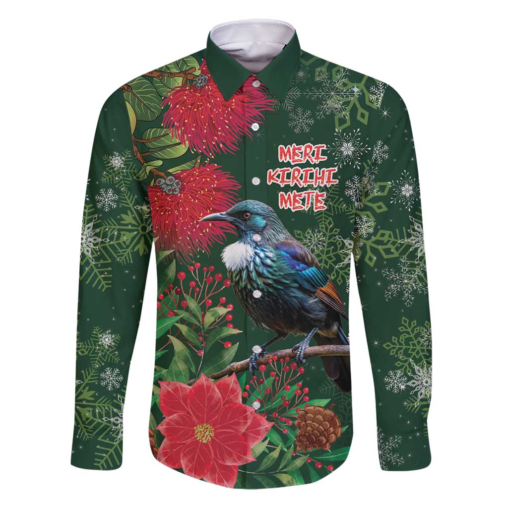 Tui Meri Kirihimete Personalised Family Matching Mermaid Dress and Hawaiian Shirt Pohutukawa Flowers Green Motif LT9 Dad's Shirt - Long Sleeve Green - Polynesian Pride