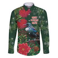 Tui Meri Kirihimete Personalised Family Matching Mermaid Dress and Hawaiian Shirt Pohutukawa Flowers Green Motif LT9 Dad's Shirt - Long Sleeve Green - Polynesian Pride