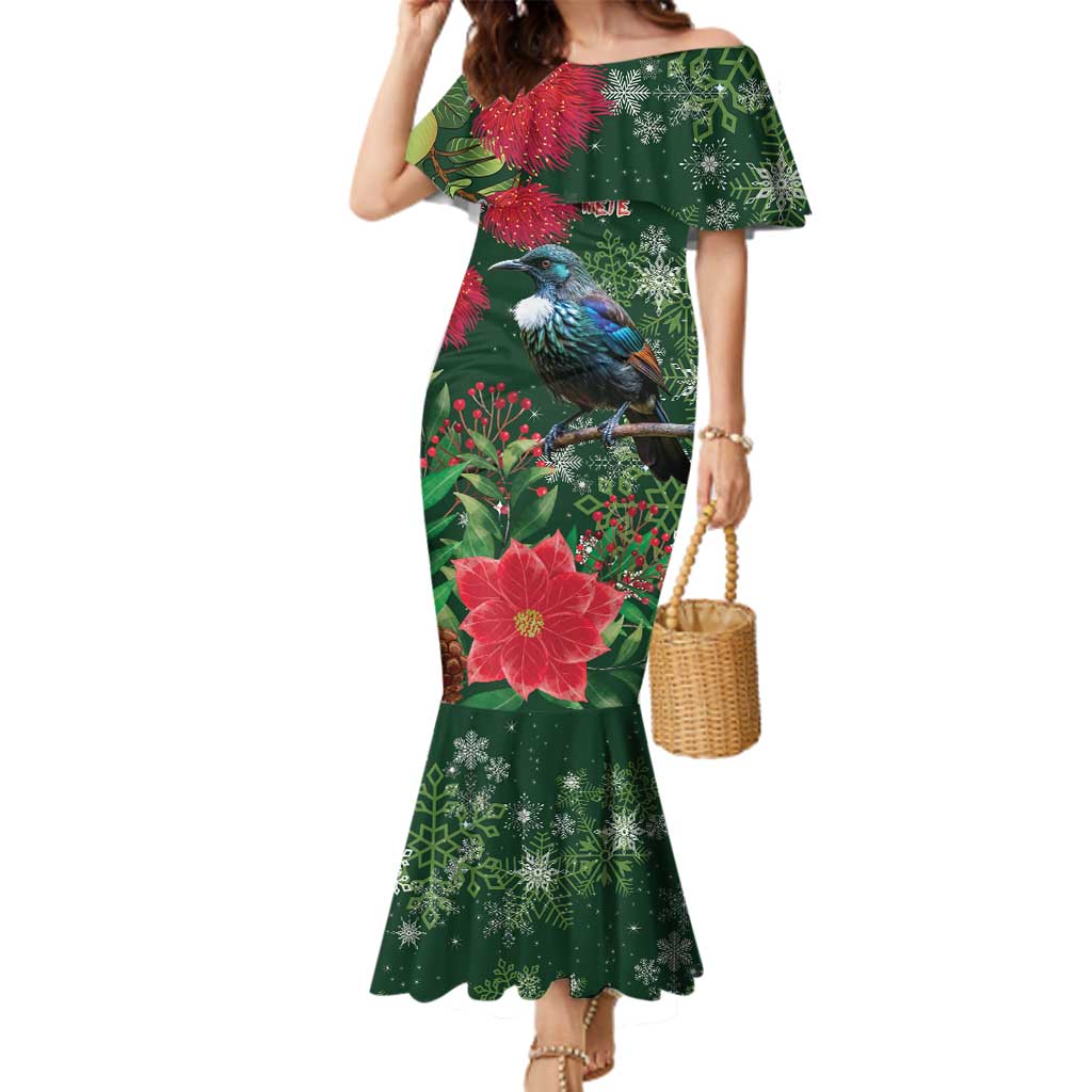 Tui Meri Kirihimete Personalised Family Matching Mermaid Dress and Hawaiian Shirt Pohutukawa Flowers Green Motif LT9 Mom's Dress Green - Polynesian Pride