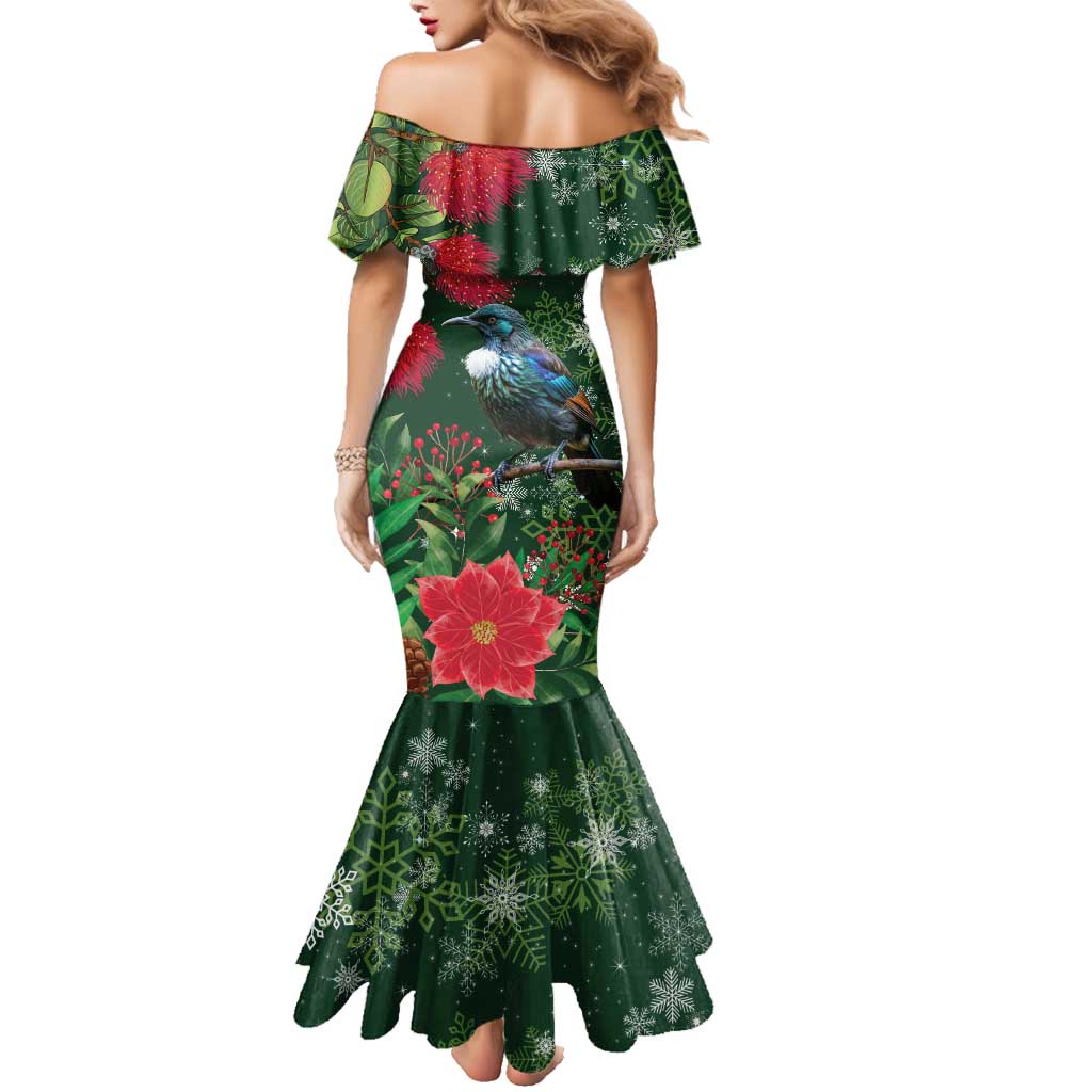 Tui Meri Kirihimete Personalised Family Matching Mermaid Dress and Hawaiian Shirt Pohutukawa Flowers Green Motif LT9 - Polynesian Pride