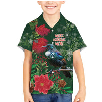 Tui Meri Kirihimete Personalised Family Matching Mermaid Dress and Hawaiian Shirt Pohutukawa Flowers Green Motif LT9 Son's Shirt Green - Polynesian Pride