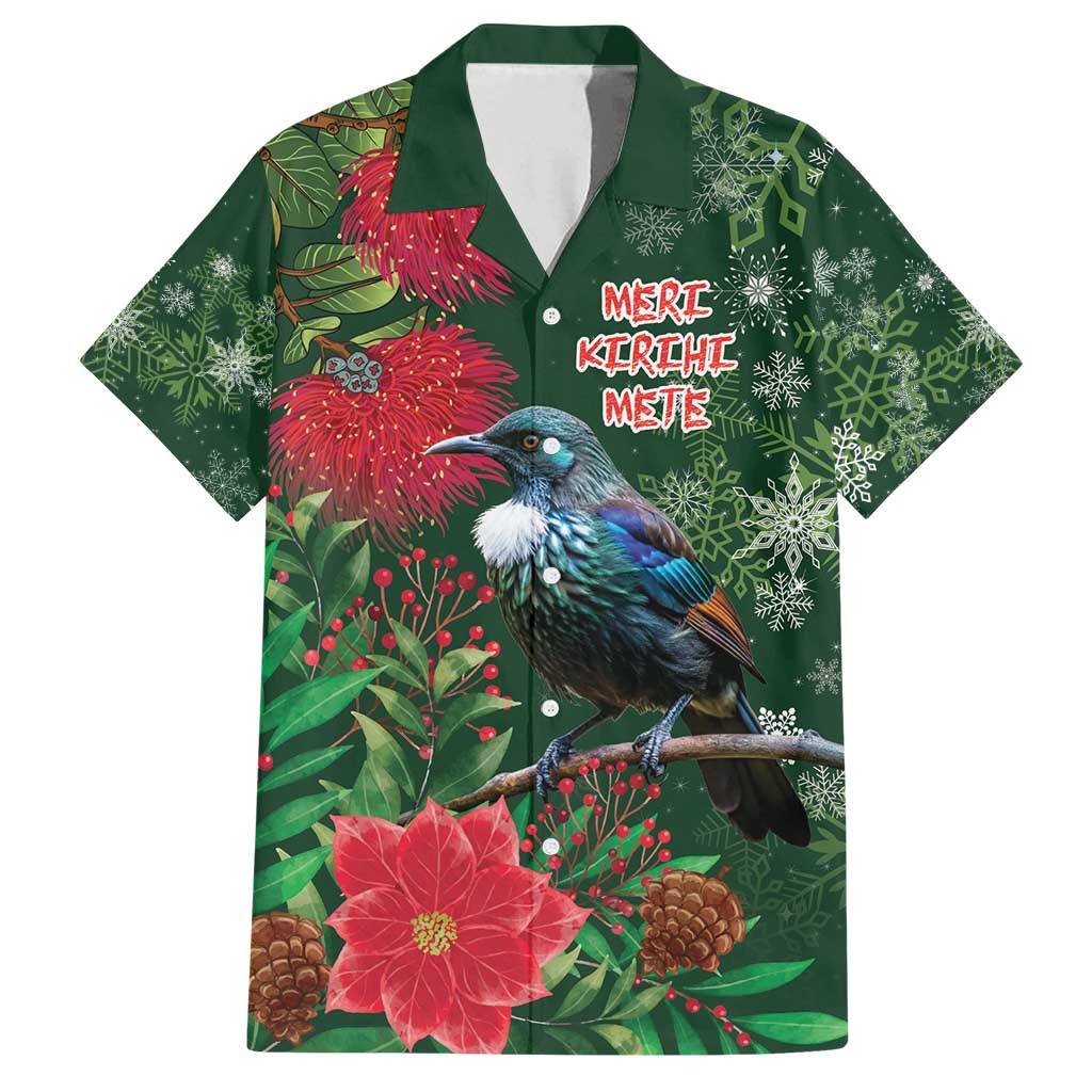 Tui Meri Kirihimete Personalised Family Matching Off Shoulder Maxi Dress and Hawaiian Shirt Pohutukawa Flowers Green Motif - Polynesian Pride