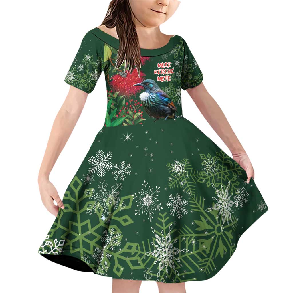 Tui Meri Kirihimete Personalised Family Matching Off Shoulder Short Dress and Hawaiian Shirt Pohutukawa Flowers Green Motif - Polynesian Pride