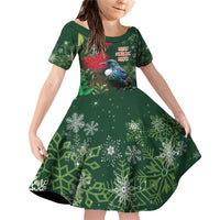 Tui Meri Kirihimete Personalised Family Matching Off Shoulder Short Dress and Hawaiian Shirt Pohutukawa Flowers Green Motif - Polynesian Pride