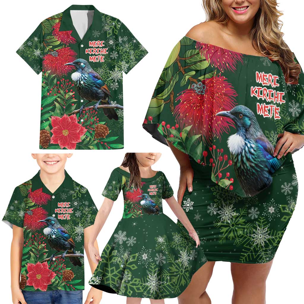 Tui Meri Kirihimete Personalised Family Matching Off Shoulder Short Dress and Hawaiian Shirt Pohutukawa Flowers Green Motif - Polynesian Pride