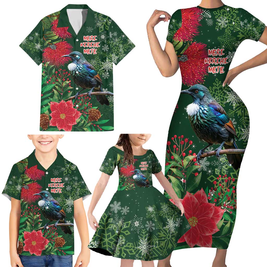 Tui Meri Kirihimete Personalised Family Matching Short Sleeve Bodycon Dress and Hawaiian Shirt Pohutukawa Flowers Green Motif - Polynesian Pride