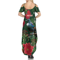 Tui Meri Kirihimete Personalised Family Matching Summer Maxi Dress and Hawaiian Shirt Pohutukawa Flowers Green Motif - Polynesian Pride
