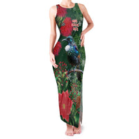 Tui Meri Kirihimete Personalised Family Matching Tank Maxi Dress and Hawaiian Shirt Pohutukawa Flowers Green Motif - Polynesian Pride