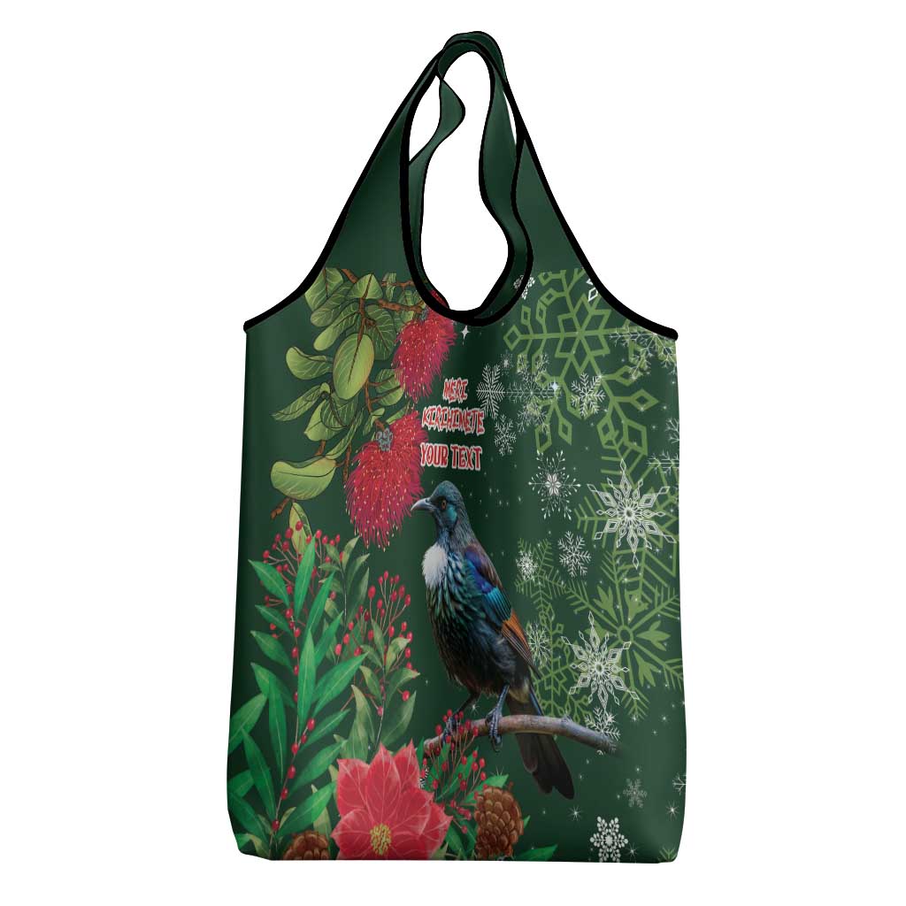 Tui Meri Kirihimete Personalised Grocery Bag Pohutukawa Flowers Green Motif - Polynesian Pride