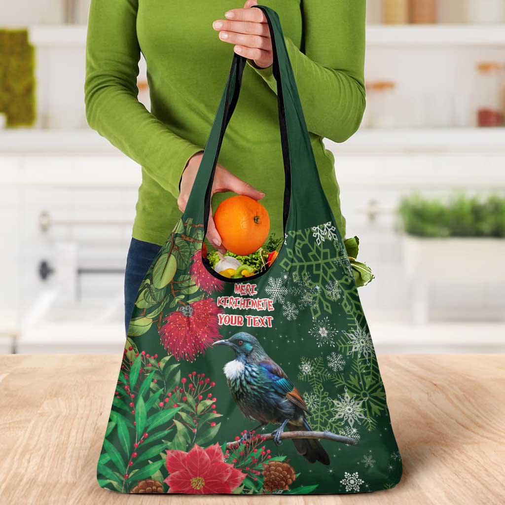 Tui Meri Kirihimete Personalised Grocery Bag Pohutukawa Flowers Green Motif - Polynesian Pride