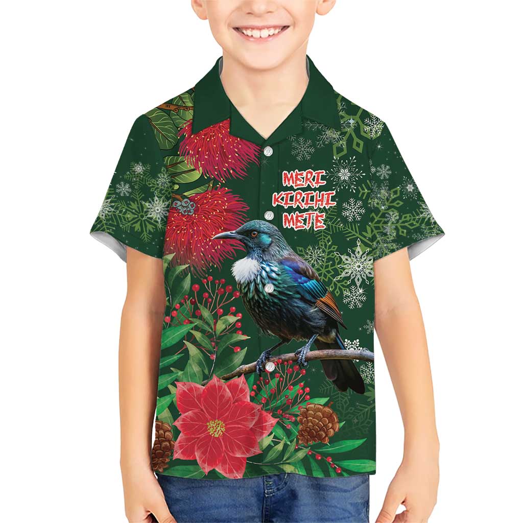 Tui Meri Kirihimete Personalised Hawaiian Shirt Pohutukawa Flowers Green Motif - Polynesian Pride