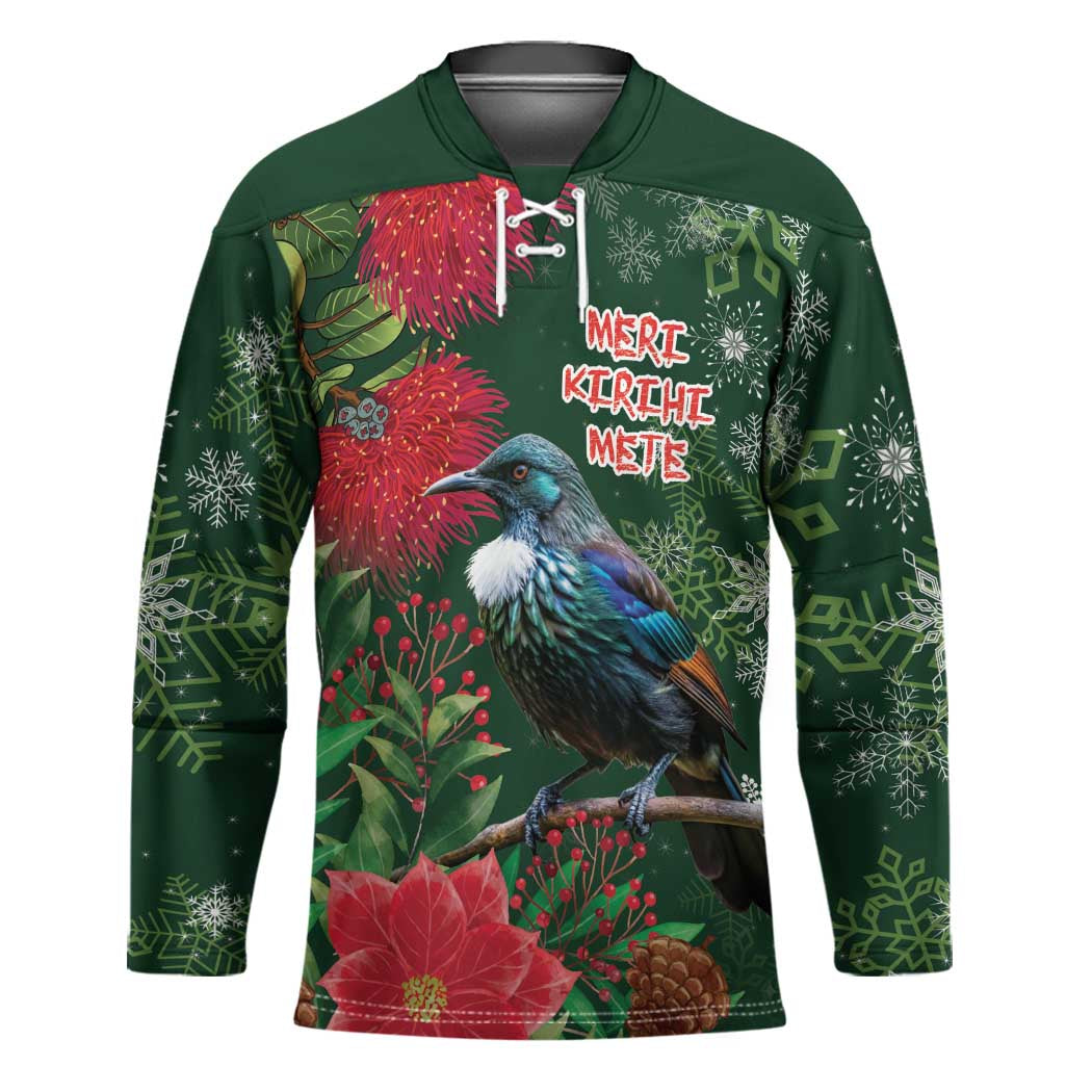 Tui Meri Kirihimete Personalised Hockey Jersey Pohutukawa Flowers Green Motif - Polynesian Pride