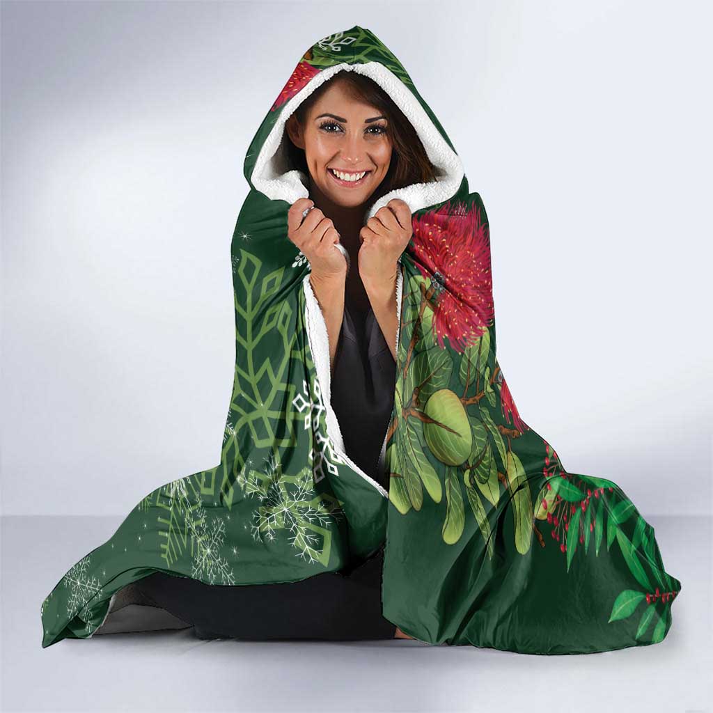 Tui Meri Kirihimete Personalised Hooded Blanket Pohutukawa Flowers Green Motif - Polynesian Pride