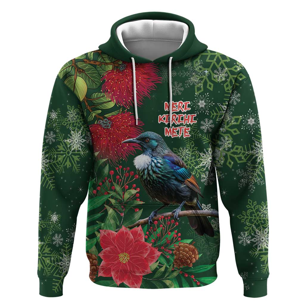 Tui Meri Kirihimete Personalised Hoodie Pohutukawa Flowers Green Motif - Polynesian Pride