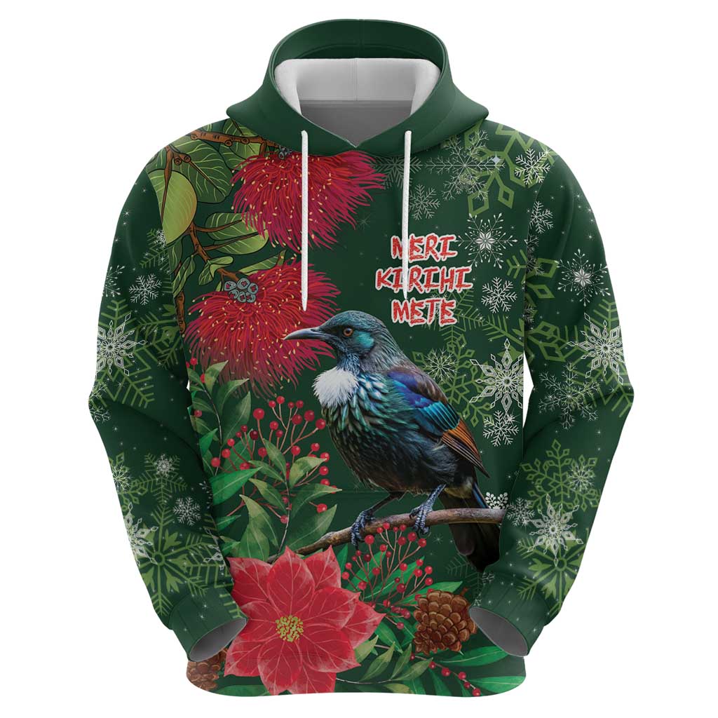 Tui Meri Kirihimete Personalised Hoodie Pohutukawa Flowers Green Motif - Polynesian Pride