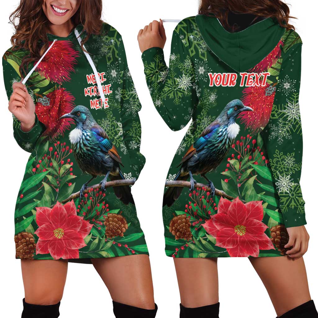 Tui Meri Kirihimete Personalised Hoodie Dress Pohutukawa Flowers Green Motif - Polynesian Pride