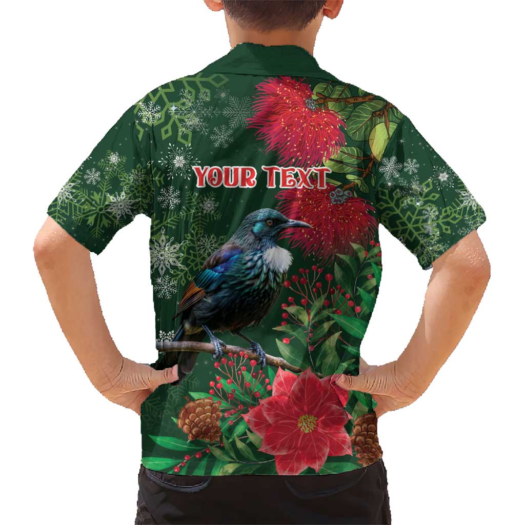 Tui Meri Kirihimete Personalised Kid Hawaiian Shirt Pohutukawa Flowers Green Motif - Polynesian Pride