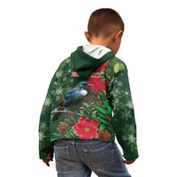 Tui Meri Kirihimete Personalised Kid Hoodie Pohutukawa Flowers Green Motif - Polynesian Pride