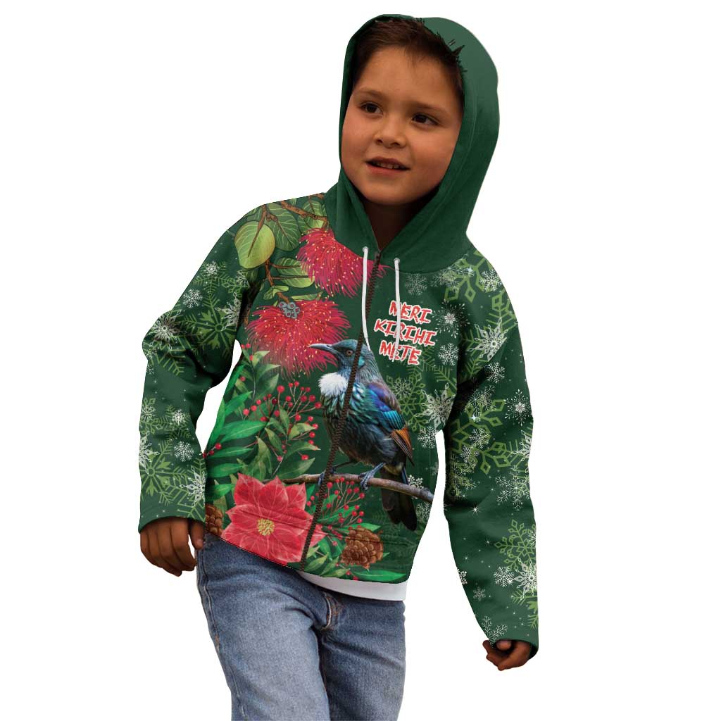 Tui Meri Kirihimete Personalised Kid Hoodie Pohutukawa Flowers Green Motif - Polynesian Pride