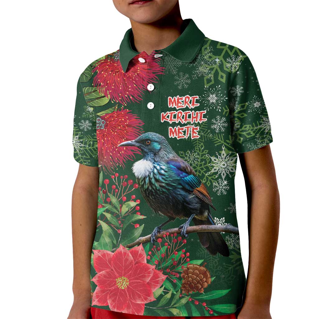 Tui Meri Kirihimete Personalised Kid Polo Shirt Pohutukawa Flowers Green Motif - Polynesian Pride
