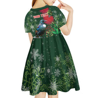 Tui Meri Kirihimete Personalised Kid Short Sleeve Dress Pohutukawa Flowers Green Motif - Polynesian Pride