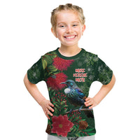 Tui Meri Kirihimete Personalised Kid T Shirt Pohutukawa Flowers Green Motif - Polynesian Pride