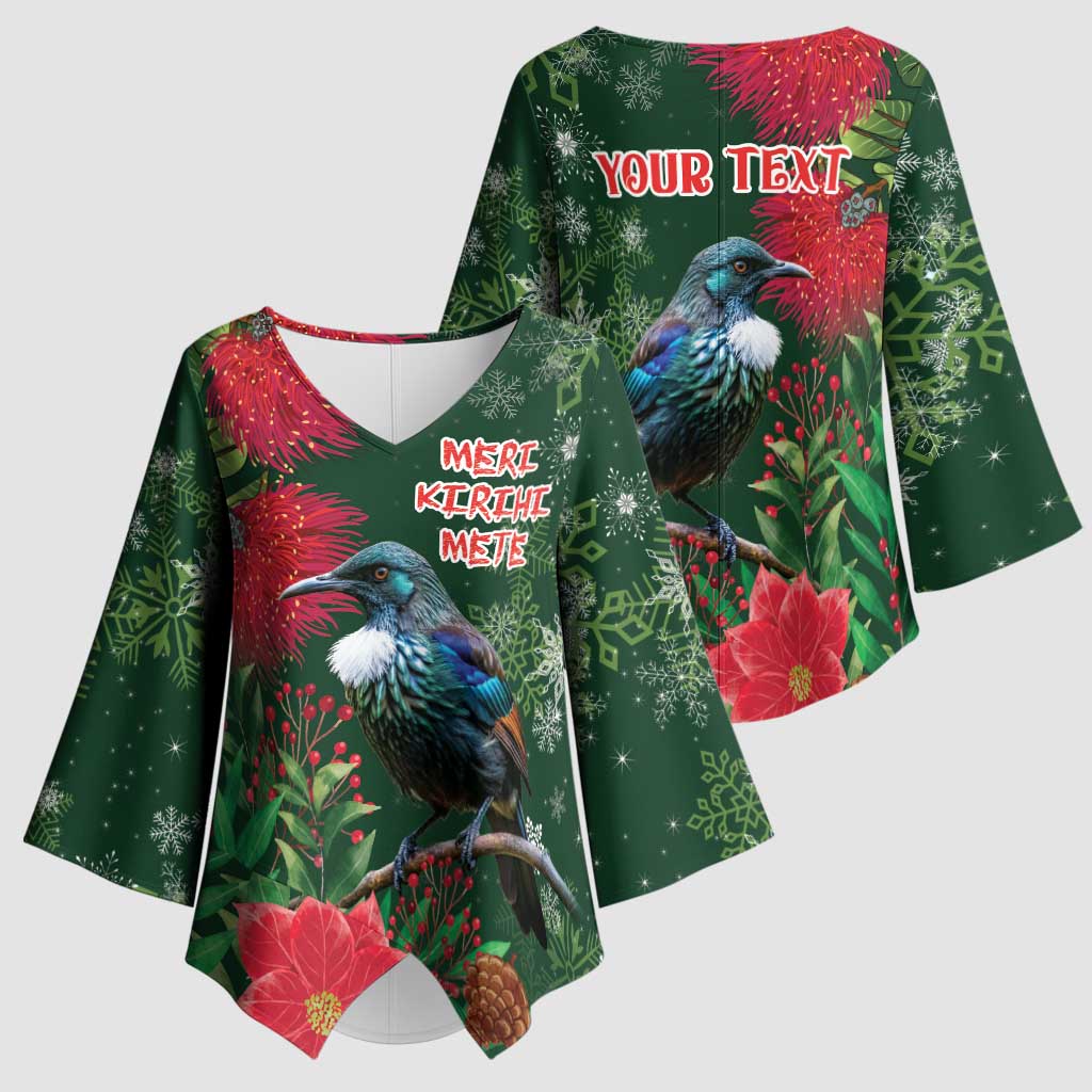 Tui Meri Kirihimete Personalised Kimono Sleeve Blouse Pohutukawa Flowers Green Motif - Polynesian Pride
