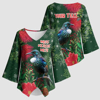 Tui Meri Kirihimete Personalised Kimono Sleeve Blouse Pohutukawa Flowers Green Motif - Polynesian Pride