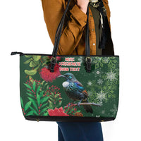 Tui Meri Kirihimete Personalised Leather Tote Bag Pohutukawa Flowers Green Motif - Polynesian Pride