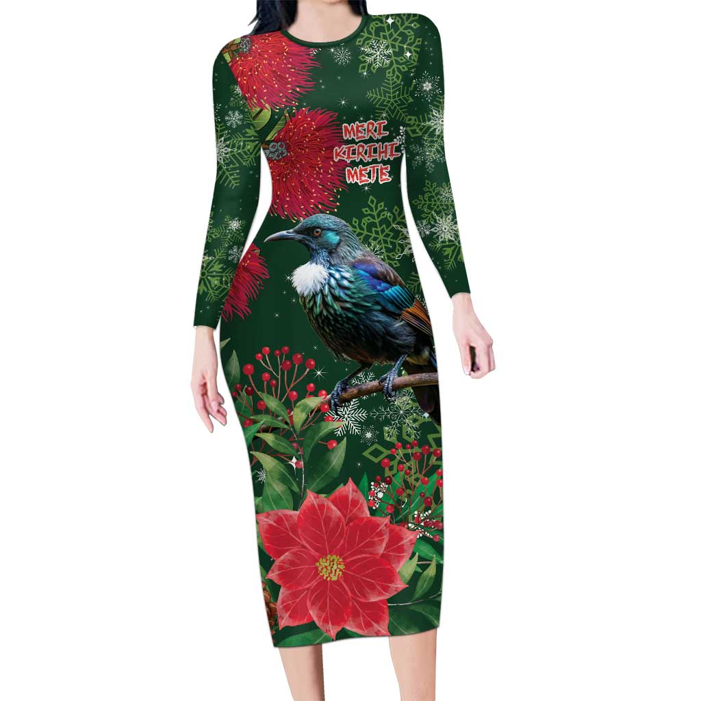 Tui Meri Kirihimete Personalised Long Sleeve Bodycon Dress Pohutukawa Flowers Green Motif - Polynesian Pride