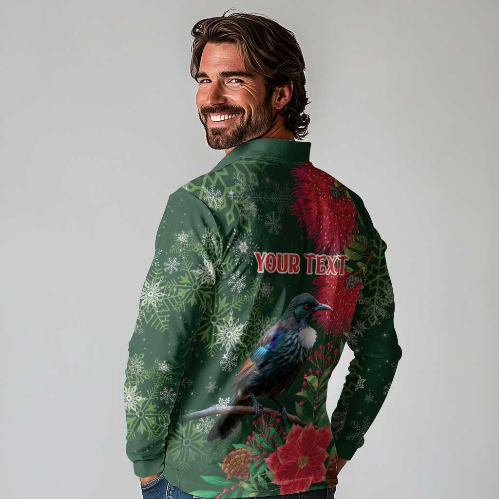 Tui Meri Kirihimete Personalised Long Sleeve Polo Shirt Pohutukawa Flowers Green Motif - Polynesian Pride
