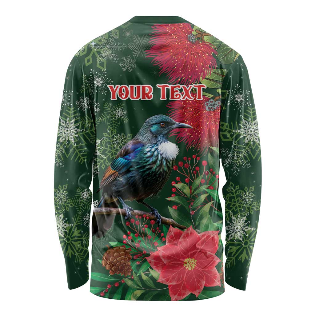 Tui Meri Kirihimete Personalised Long Sleeve Shirt Pohutukawa Flowers Green Motif - Polynesian Pride