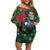 Tui Meri Kirihimete Personalised Off Shoulder Short Dress Pohutukawa Flowers Green Motif - Polynesian Pride