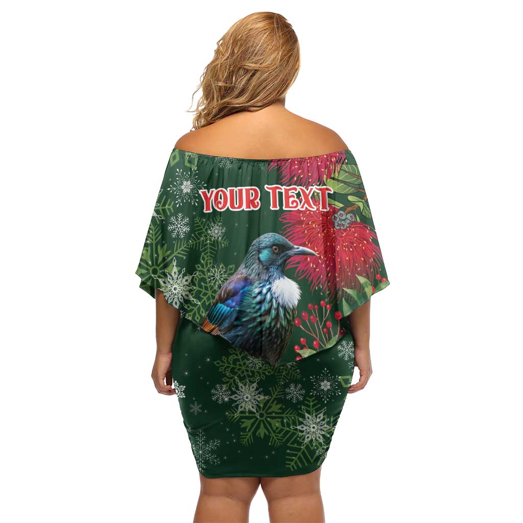 Tui Meri Kirihimete Personalised Off Shoulder Short Dress Pohutukawa Flowers Green Motif LT9 - Polynesian Pride