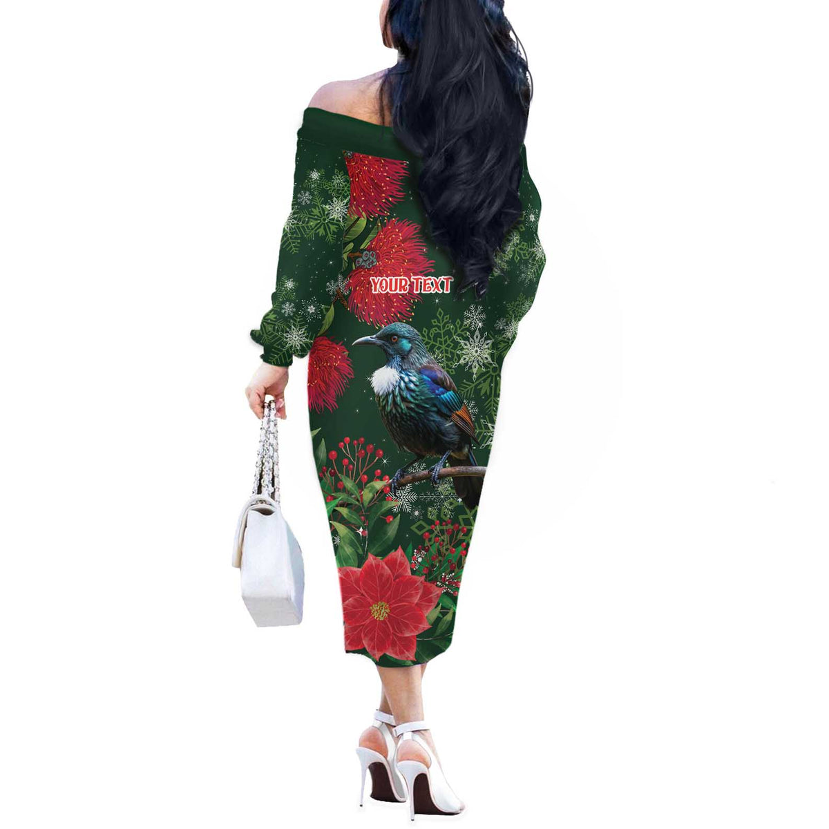 Tui Meri Kirihimete Personalised Off The Shoulder Long Sleeve Dress Pohutukawa Flowers Green Motif - Polynesian Pride
