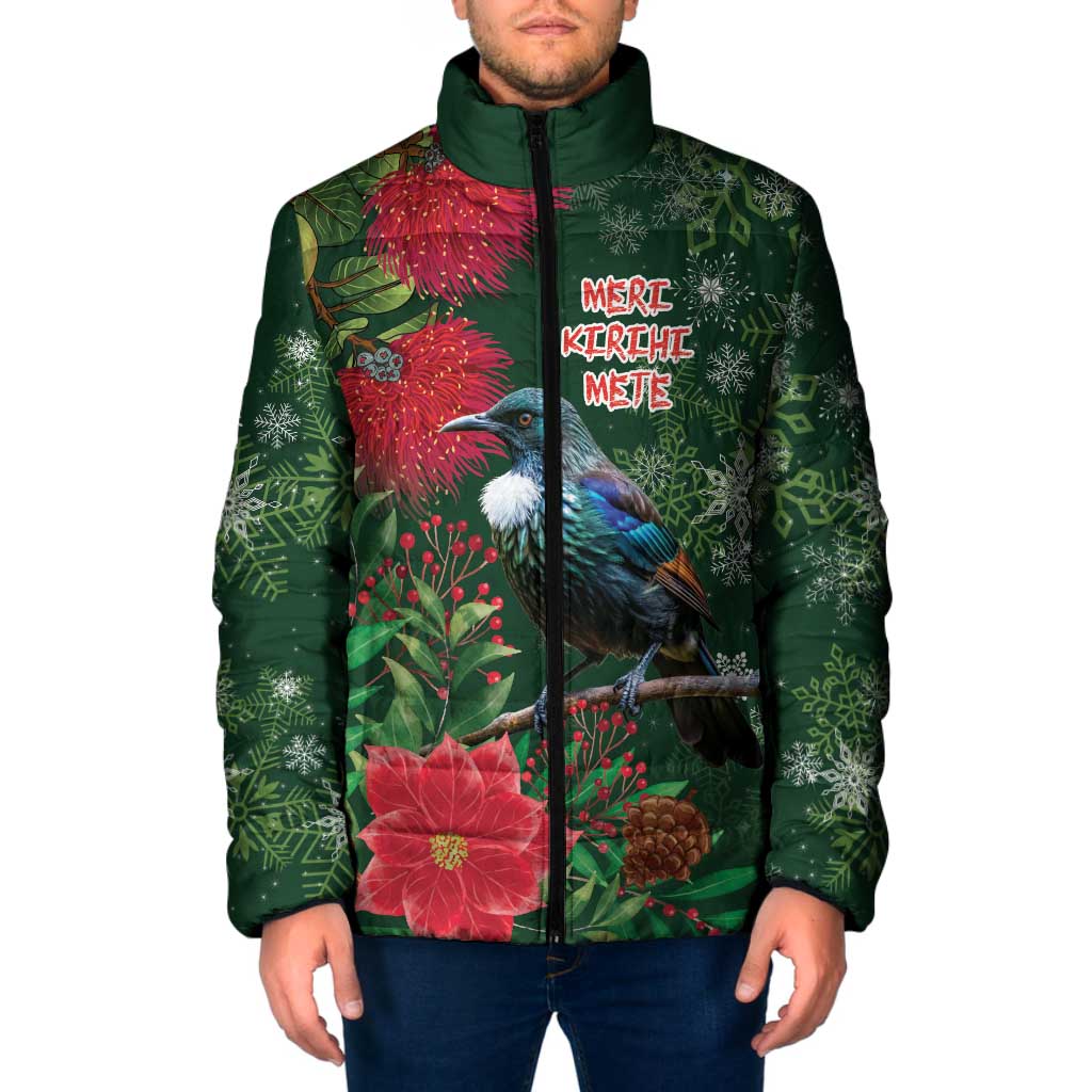 Tui Meri Kirihimete Personalised Padded Jacket Pohutukawa Flowers Green Motif - Polynesian Pride