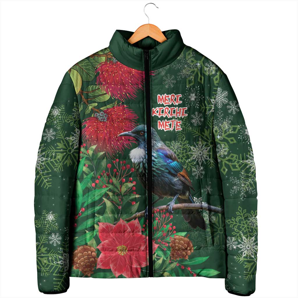 Tui Meri Kirihimete Personalised Padded Jacket Pohutukawa Flowers Green Motif - Polynesian Pride